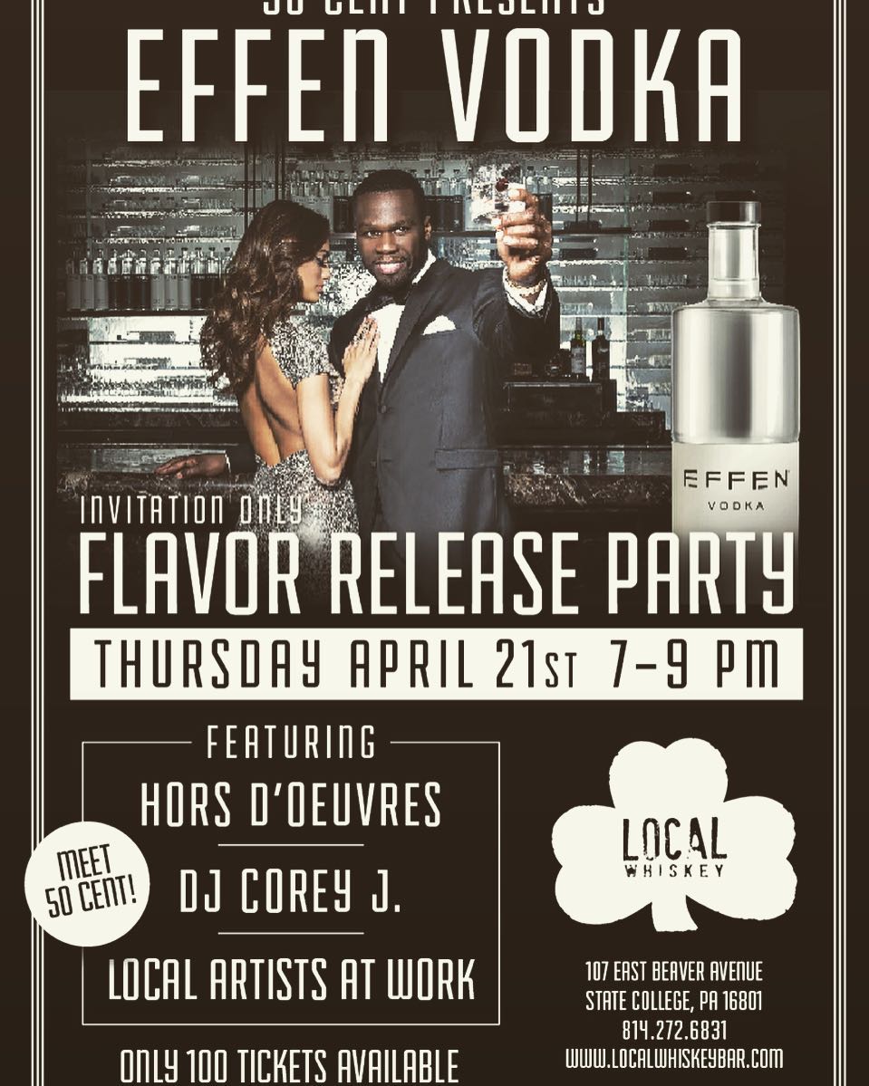 #50cent coming to #localwhiskeybar Thursday April 21st from 7-9 for his #effenvodka release promotion! Tickets on sale for $25. Passed Hors d'ouvres, live entertainment, free Effen Craft Cocktail, and a chance to win local artists' paintings!