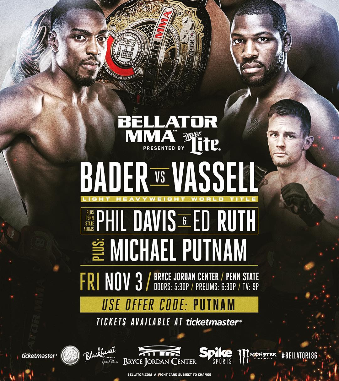 Local Whiskey would like to send a HUGE congratulations to @mputnam15 for making his @bellatormma debut at this upcoming Nov 3rd @jordancenter event!! Mike Putnam has been working @localwhiskeybar for several years, starting as a member of our security t