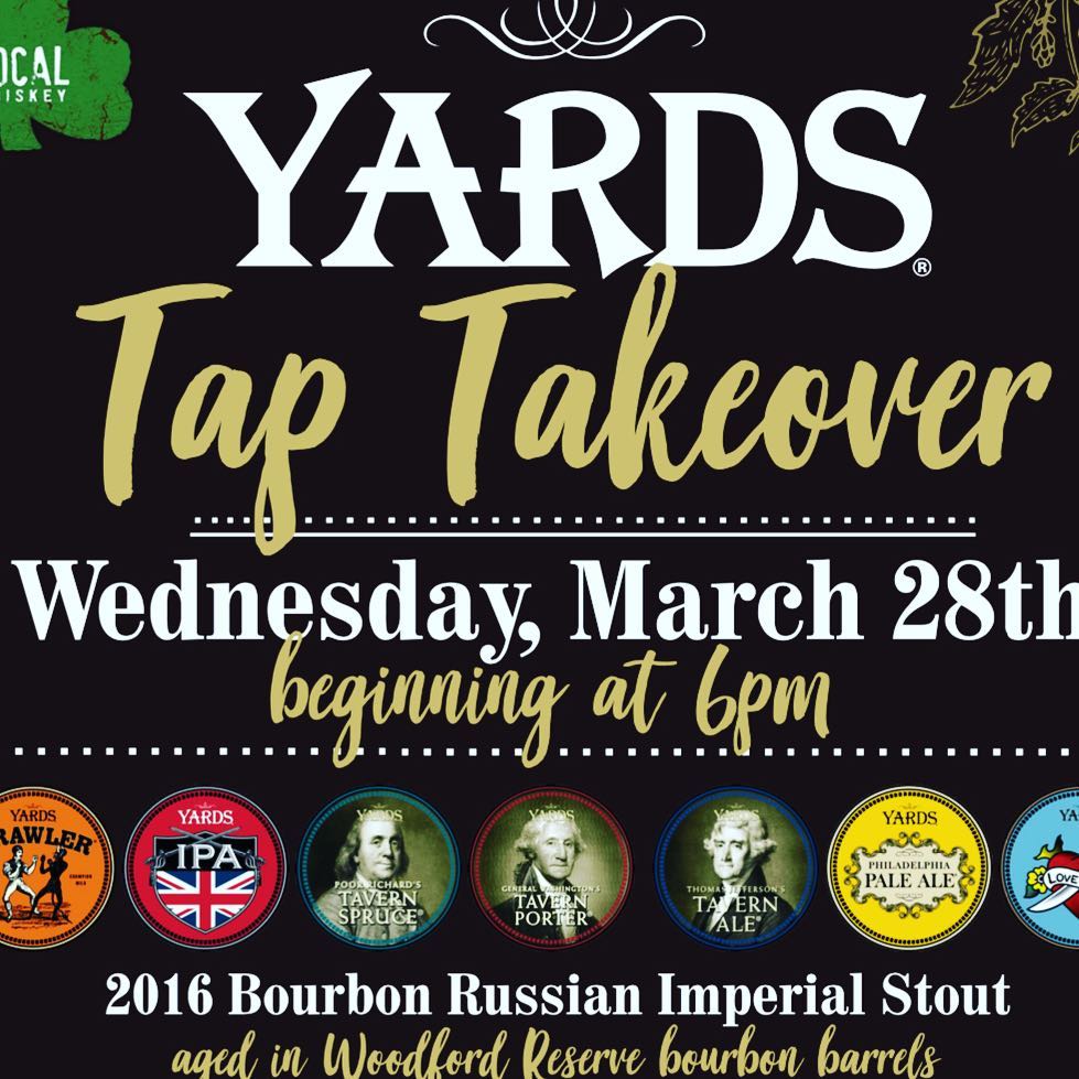 Join us @localwhiskeybar this Wednesday, March 28th at 6pm, as we host a @yardsbrew Tap Takeover! We will be tapping 12 Yards drafts including classic favorites, as well as new releases, and a specialty Pin of Grapefruit Pale Ale! We will also be featurin